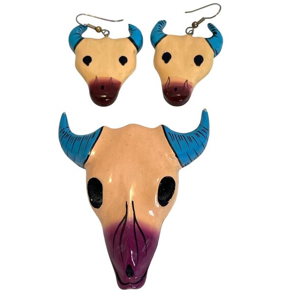 unknown Jewelry - Southwest Western Cow Skull Pin Wire Earrings Set Artisan Painted Brooch READ